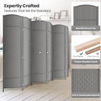 Folding Room Divider, Weave Fiber Privacy Screen, Extra Wide Room Screen Divider Separator, Decorative Separation Wall Divider, Freestanding Room (Grey, 6-Panel)