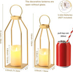 Perfnique Modern Farmhouse Lantern Decor, 15'' 12.6'' Set of 2 Gold Metal Lanterns, 2 LED 6hr Timer Flickering Flameless Candles, Lanterns Decorative for Outdoor, Porch, Fireplace, Patio
