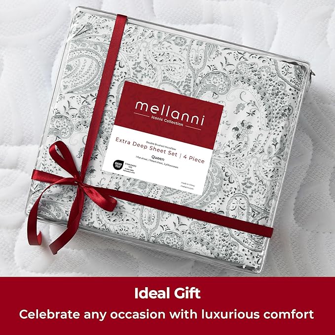 Mellanni Extra Deep California King Sheets - 4 PC Iconic Collection Bedding - Luxury, Ultra Soft, Cooling Bed Sheets - Wrinkle, Fade, Stain Resistant (Cal King, Paisley Gray)