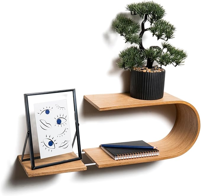 EWART WOODS Floating Wall Mounted Oval Shelf from Wood, Decorative Geometric Wooden Shelves for Candles, Unique Oak Hanging Display Decor (Cherry)