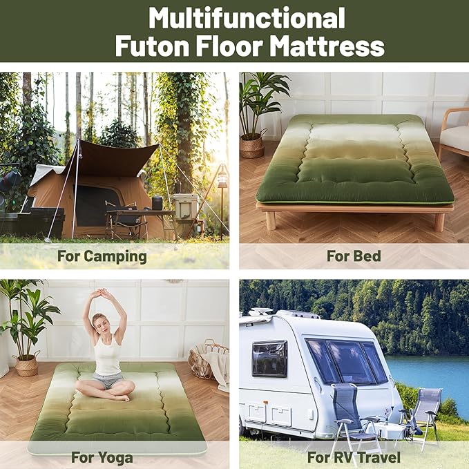 Japanese Floor Mattress, Futon Mattress with Portable Storage Bag and Washable Cover, Roll Up Thick Tatami Mat Suitable for Camping, Guest Room (Forest Gradient, Twin)