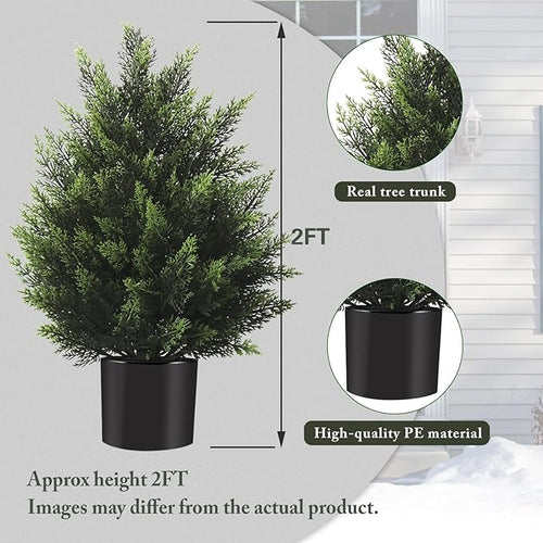 2FT Artificial Cedar Topiary Tree Lifelike Faux Cedar Pines Christmas Trees UV Rated Faux Shrubs Everygreen Plants for Front Porch Outdoor Decor Set of 2