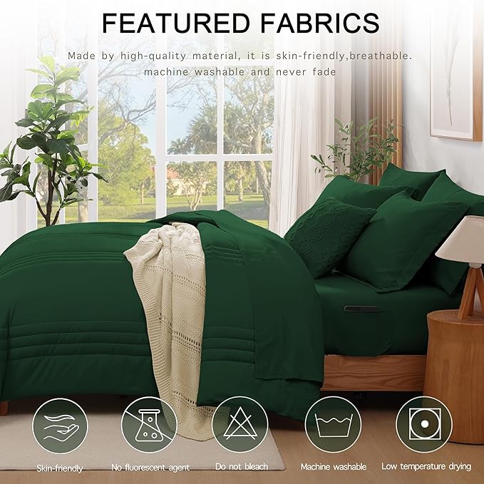 Monbix King Size Comforter Set - 7 Pieces Bed in a Bag King, Emerald Green Bedding Sets with Comforter, All Seasons Down Alternative Comforter Bed Set with Sheets, Pillowcases & Shams