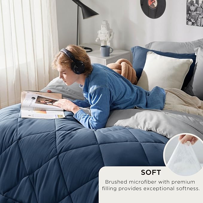 Bedsure Full Size Comforter Set - 7 Pieces Reversible Navy Bedding, Full Size Bed Set for All Seasons, Bed in a Bag with Down Alternative Comforter, Sheets, Pillowcases & Shams