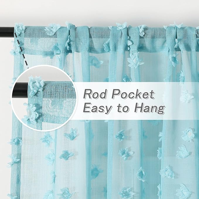 MYSKY HOME Pom Pom Teal Sheer Curtains for Bedroom Girls Room Curtains 84 Inches Long for Nursery Kids Light Filtering Boho Window Drapes, Rod Pocket, 52" Wide, 2 Panels