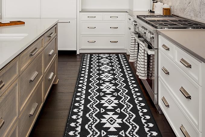Custom Length Cut to Size Tribal Ethnic Southwestern Inspired Hallway Runner Rug, Non Slip Rubber Backed, 31 inch Wide X Customized Length, Aztec Black, 31 inch X 23 feet