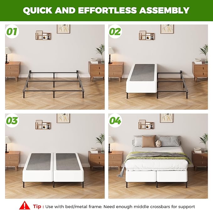 EMODA 10 Inch Split Queen Box Spring Bed Base, 2 Piece Heavy Duty Metal Box Spring for Queen Bed with Fabric Cover, Easy Assembly