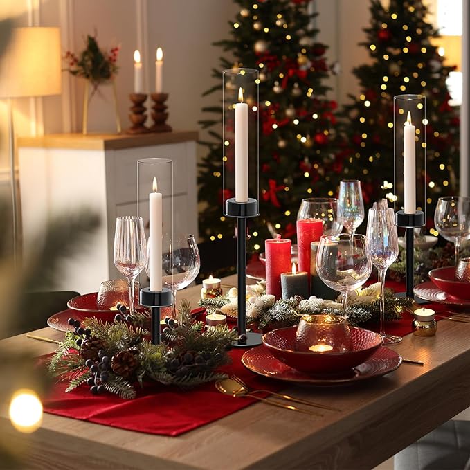 Black Hurricane Candle Holders Set of 3, Tall Metal & Windproof Glass Taper Candle Holders, Outdoor/Indoor Table Centerpieces for Weddings, Christmas, Parties, Fireplace Decor