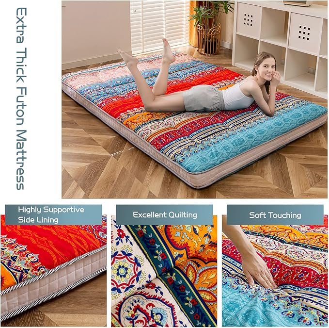MAXYOYO Twin Size Futon Floor Mattress Shikibuton Sleeping Mats for Adults, Floor Futon with High-Density Foam, Portable Mattress for Living Room, Guest Room, Bohemian A
