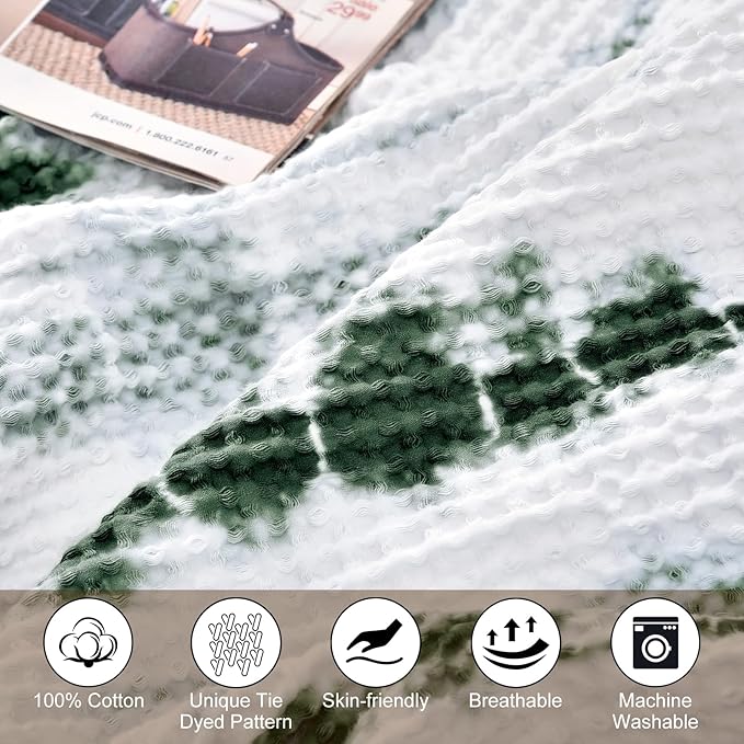 PHF 100% Cotton Tie-dye Waffle Weave Blanket Queen Size,Soft Breathable Skin-Friendly Durable Layering for All Season, Manual Elegant Delicate Pattern for Bed, Home Decor, Couch,Tie Dyed Green, 90x90