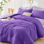 HYMOKEGE Dark Purple/Lavender California King Comforter Set Seersucker 7 Pieces, All Season Luxury Bed in a Bag for Bedroom, Bedding Set with Comforter, Sheets, Pillowcases & Shams
