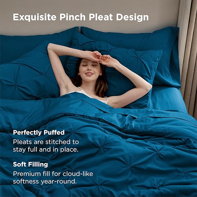Bedsure California King Comforter Set Teal - Bed in a Bag Cal King Bedding Set 7 Pieces, GentleSoft™ Pintuck Bed Set Gift for Family, Pinch Pleat Teal Comforter with Sheets, Pillowcases & Shams