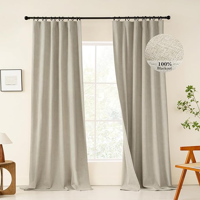 KangBang Extra Wide Black Out Linen Curtains for Sliding Glass Door, Blackout Patio Door Curtains Back Tab Hook Belt Rustic Drapery Panels, Room Darkening Window Drapes with Hooks for Track, 72x96