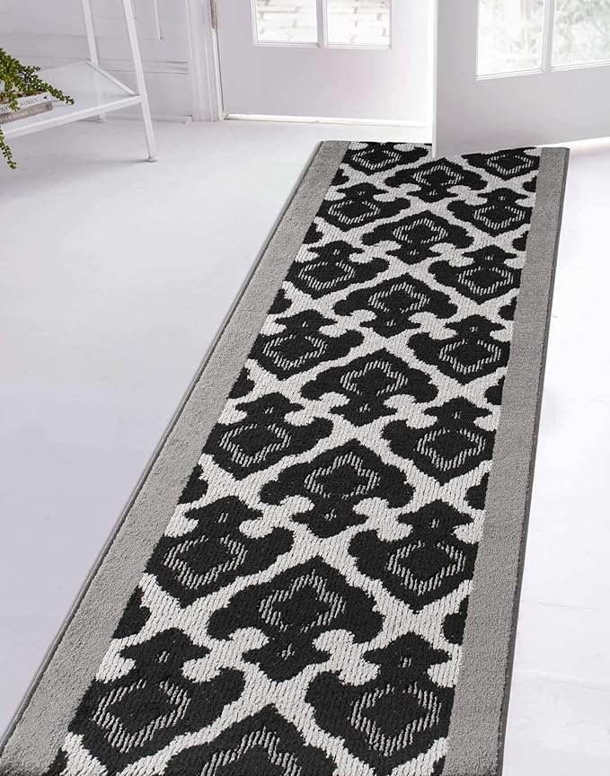 Custom Length Cut to Size Fleur de Lis Inspired Carpet Runner Rug for Hallways, Non Slip Rubber Backed, 31 inch Wide X Customized Length, Royal Grey, 31 inch X 13 feet