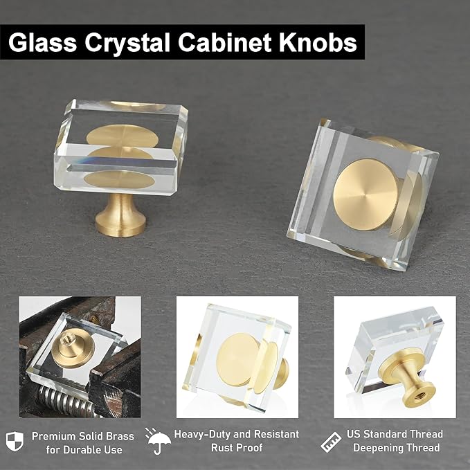 QOGRISUN 2-Pack Brass Crystal Cabinet Knobs,Glass Crystal Gold Drawer Knobs,1-1/8-Inch Square,Decorative Dresser Pulls, Modern Cabinet Hardware