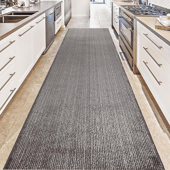 REMNAZ Wide Runner Rug, Custom Length Options, Slip and Skid Resistance for Hard Floors, Built-in Rubber Back for Firm Grip and Strong Traction, Modern Minimalist Style, Subtle Striped Grey, 12 ft