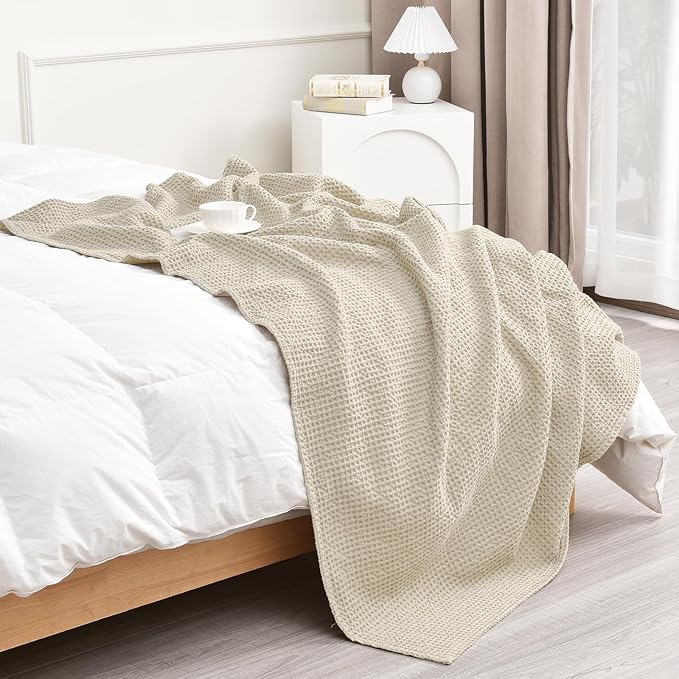 PHF 100% Cotton Waffle Weave Throw Blanket，Pre-Washed Snag Proof Lightweight Breathable Moisture-Wicking for Layering in Cold Weather for Couch Bed,Machine Washable,Home Decor Gift-Linen