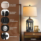 QiMH Table Lamp for Living Room, Farmhouse Lamps with USB A+C and Nightlight, 26" Rustic Bedside Lamps with 3-Way Dimmable Touch Control, Nightstand Lamp for Bedroom, Black, 1 Pack