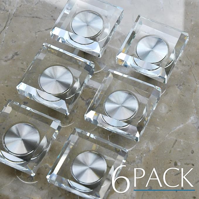 JEREVER 6 Pack Glass Crystal Knobs Brushed Nickel Drawer Pull Cabinet Handle for Dresser Kitchen (Square)