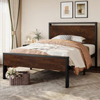 SHA CERLIN 14 Inch Twin Size Metal Platform Bed Frame with Wooden Headboard and Footboard, Mattress Foundation, No Box Spring Needed, Large Under Bed Storage, Heavy Duty Slats Support, Mahogany