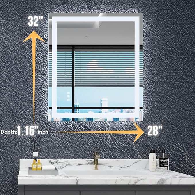 LED Bathroom Mirror with Lights 28"x 32", Front Lit and Backlit Mirror Bathroom,Stepless Dimmable,Anti-Fog, Shatter-Proof, Memory, Lighted Vanity Mirror (Horizontal/Vertical)