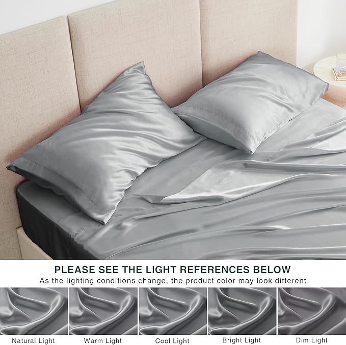 Love's cabin Twin Satin Sheets Sets - 3 Piece Silver Silky Bed Sheets with Deep Pockets, Luxury Silk Feel Satin Twin Size Sheet Set Bedding Set (1 Flat Sheet,1 Fitted Sheet,1 Pillow case)