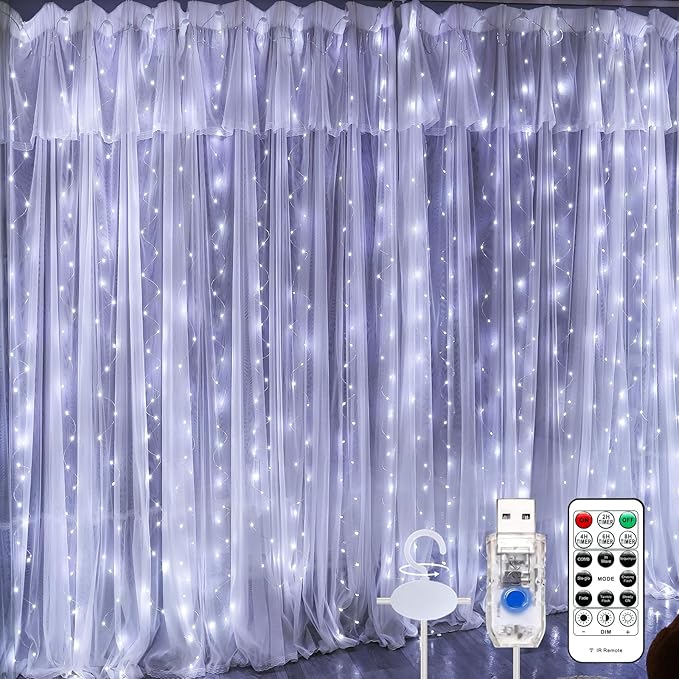 Upgrade 300 LED Curtain Light, 9.8ft x 9.8ft Copper Wire String Lights, USB Powered Hanging Window Fairy Lights, 8 Lighting Modes, Remote Control for Home Christmas Wedding Party, White