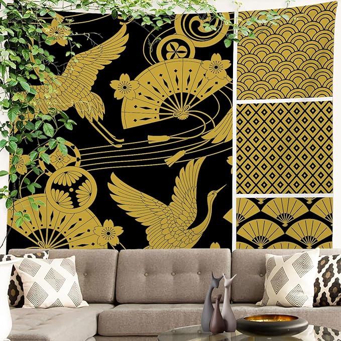 Batmerry Flower Vintage Tapestry, Oriental Japanese Pattern Ornaments Traditional Motives Kimono Wall Hanging Polyester Fiber White Ruffled Around For Dorm Bedroom Living Room, 90.6 X 78.7 Inches