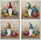 Thirstystone Autumn Gnomes 4 Pack Assorted Tumbled Tile Stone Coasters with Protective Cork Backing 4" Square Manufactured in The USA