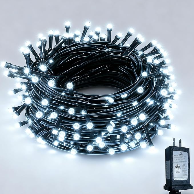 RPGT Christmas Light 100 LEDs 41ft Green Cable Wire Fairy String Twinkle Lights Plug in 12 Modes for Xmas Tree, Party, Outdoor, Garden, Wedding, Home Decoration (White)