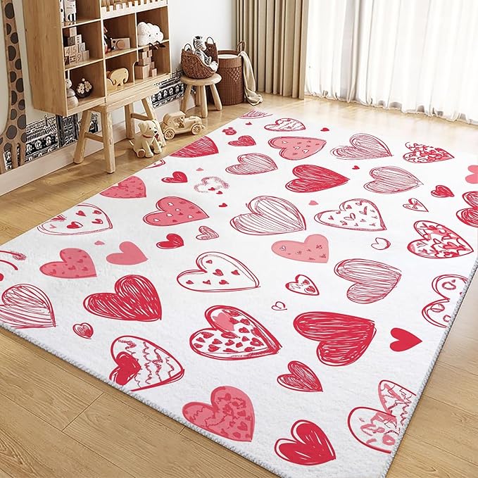 Area Rugs for Living Room 5x8 ft Cartoon Hand-Painted Red Love Washable Area Rug, Non Slip Floor Carpet, Ultra Soft Low Pile Rugs, for Bedroom, Dining Room, Office, Home Decor Rug