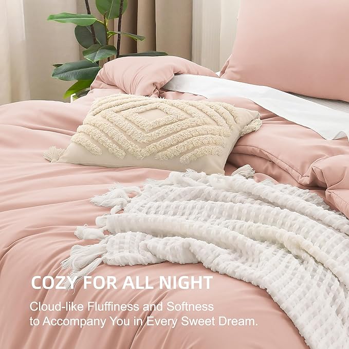 Litanika Comforters Blush Super King Plus Size, 3 Pieces Lightweight Solid Bedding Set & Collections, All Season Fluffy Bed Set (128x120In Comforter & 2 Pillowcases)
