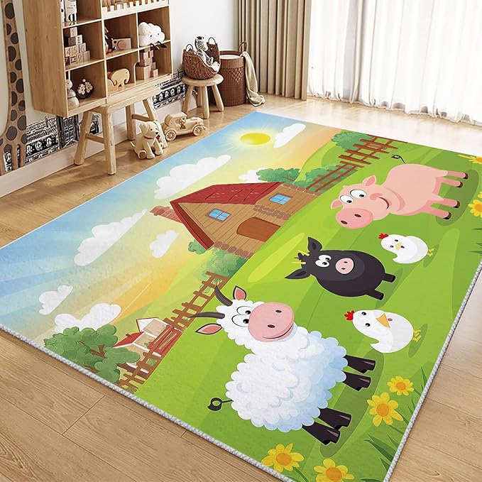 Area Rugs for Living Room 8x10 ft Cartoon Farm Sheep Pig Non Slip Area Rug, Ultra Soft Low-Pile Floor Carpet, Durable Washable Rug for Bedroom, Dining Room, Home Office
