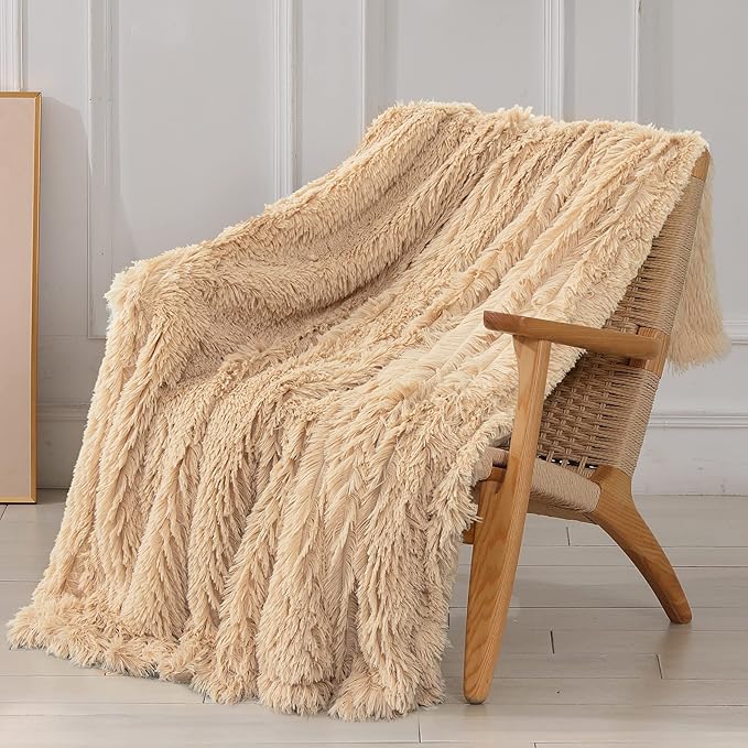 Tuddrom Decorative Extra Soft Faux Fur Blanket Twin Size 70" x 78",Solid Reversible Fuzzy Fluffy Cozy Plush Fleece Comfy Microfiber Blanket for Couch Sofa Bed,Apricot