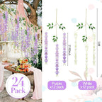 Giegxin 24 Pcs Artificial Wisteria Hanging Flowers 3.6 ft Artificial Fake Wisteria Vine Rattan Hanging Garland Silk Flowers String for Wall Home Wedding Party Greenery Decorations (Purple,White)