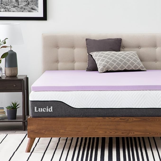 LUCID 2 Inch Lavender Infused Memory Foam Mattress Topper, King Size – Ventilated Design – Pressure Relieving Bed Topper - Mattress Pad – CertiPur Certified