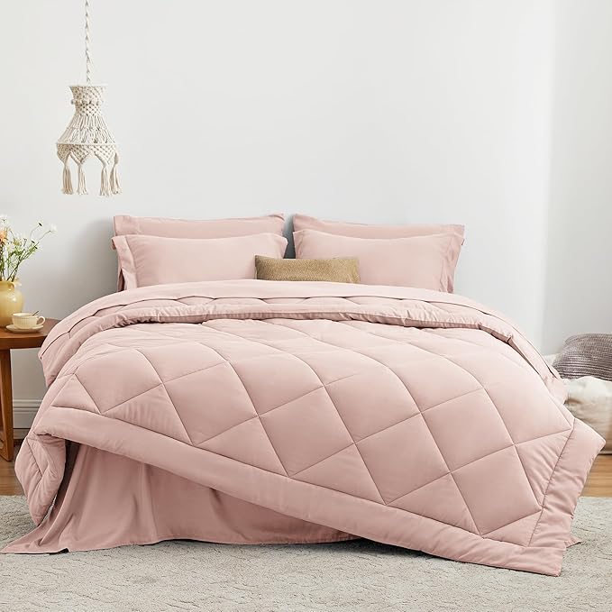 Love's cabin Twin Comforter Set Pink, 5 Pieces Twin Bed in a Bag, All Season Bedding Sets with 1 Comforter, 1 Flat Sheet, 1 Fitted Sheet, 1 Pillowcase and 1 Pillow Sham
