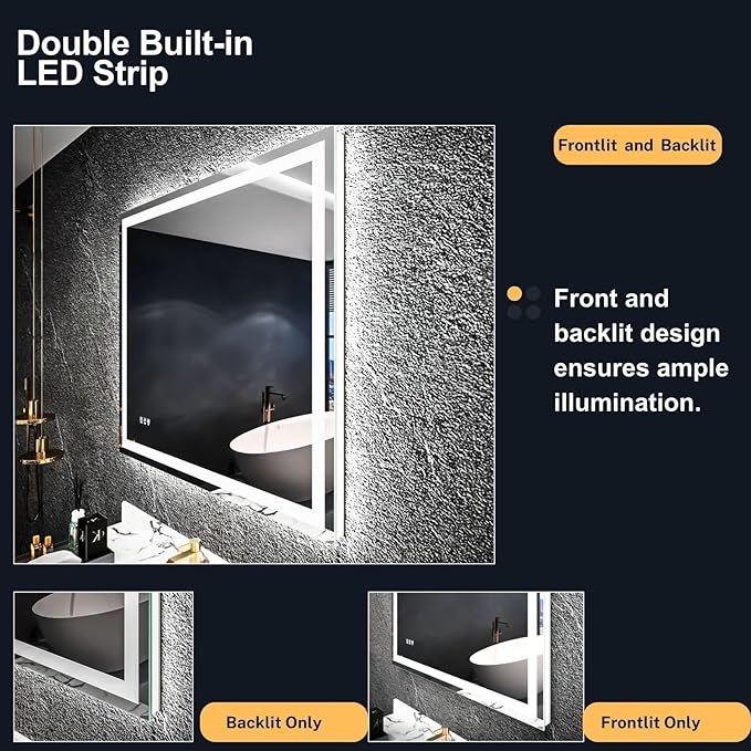 LED Bathroom Mirror with Lights 40"x 38", Front Lit and Backlit Mirror,Stepless Dimmable,Anti-Fog, Shatter-Proof, Memory, Lighted Vanity Mirror for Wall (Horizontal/Vertical)