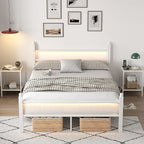 Full Bed Frame with Headboard and Footboard, Metal Bed Frame with Charging Station and LED Lights, Under Bed Storage, No Box Spring Needed,Noise Free, White