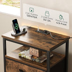 Huuger 5 Drawers Dresser with Charging Station, Dresser for Bedroom, Tall Night Stand, Chest of Drawers with Open Shelf, Bedside Table Nightstand, Fabric, for Entryway, Rustic Brown