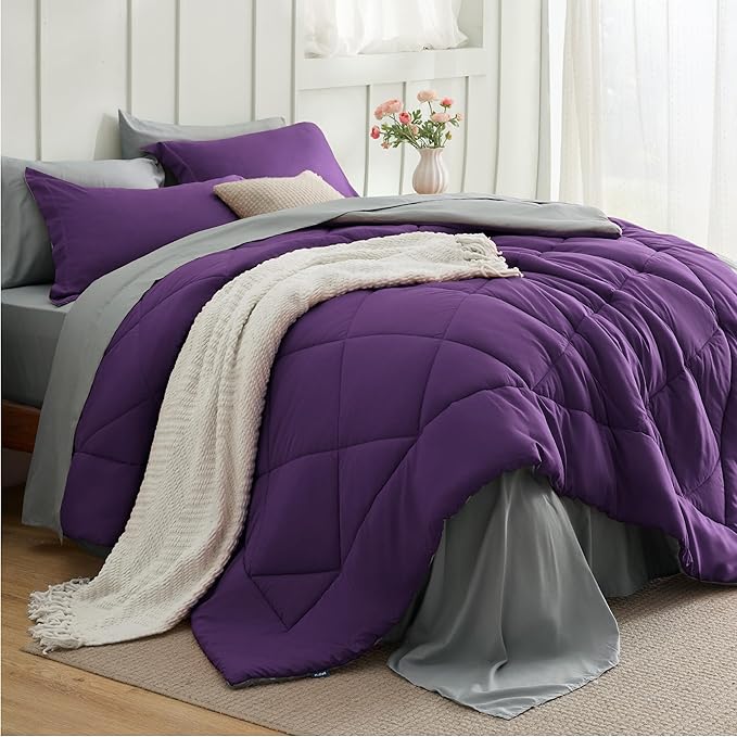 Bedsure Full Size Comforter Set - 7 Pieces Reversible Purple Bedding, Full Size Bed Set for All Seasons, Bed in a Bag with Down Alternative Comforter, Sheets, Pillowcases & Shams
