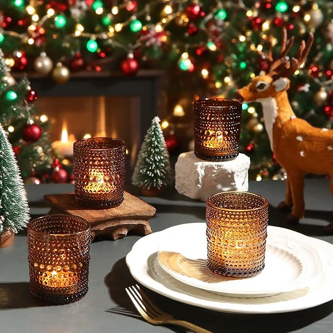 12Pcs Amber Votive Candle Holders 2x2.5in, Glass Tea Light Candle Holder for Wedding Table Decor & Christmas Thanksgiving