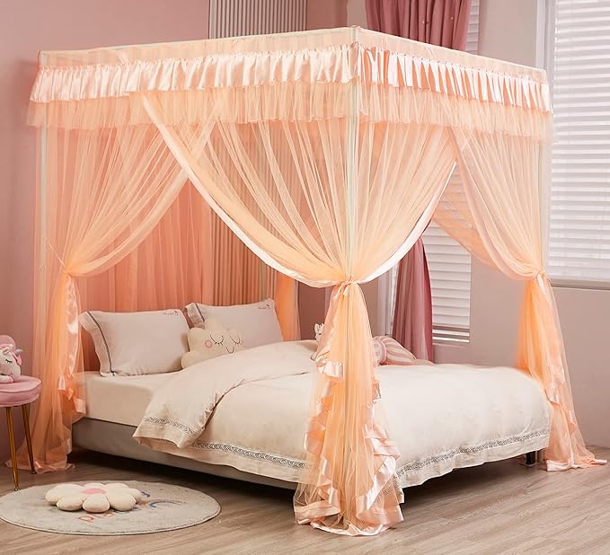 Mengersi Canopy Bed Curtains Twin Sizes,Bed Canopy for Girls Royal Luxurious Cozy Bed Drapes Girls Room Decor(Peach,Twin)