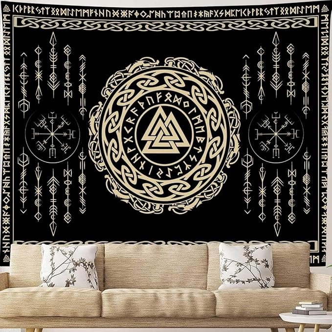 OSUNBD Nordic Viking Tapestry Wall Hanging - Large 118x78 inches Soft Flannel with Valknut, Celtic Runes & Norse Mythology Scandinavian for Bedroom, Living Room Decor
