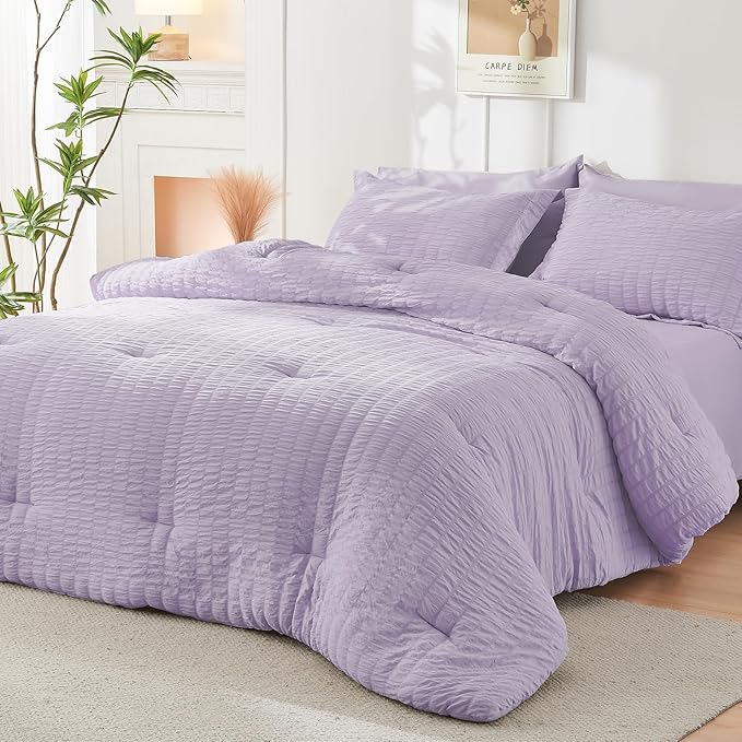 HYMOKEGE Lavender California King Comforter Set Seersucker 7 Pieces, All Season Luxury Bed in a Bag for Bedroom, Bedding Set with Comforters, Sheets, Pillowcases & Shams