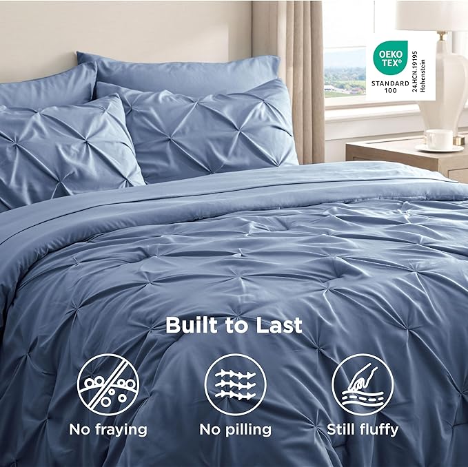 Bedsure Twin Comforter Set Slate Blue - Bed in a Bag Twin Size Bedding 5 Pieces, GentleSoft™ Pintuck Bed Set Gift for Family, Pinch Pleat Slate Blue Comforter with Sheets, Pillowcase & Sham