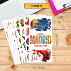100 PCS Spain Travel Stickers Pack, España Vinyl Waterproof Stickers of Madrid Catalunya Landmarks Flamenco Food and Culture, 9 Sheets for Laptop Water Bottle Scrapbook