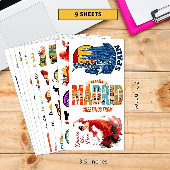 100 PCS Spain Travel Stickers Pack, España Vinyl Waterproof Stickers of Madrid Catalunya Landmarks Flamenco Food and Culture, 9 Sheets for Laptop Water Bottle Scrapbook