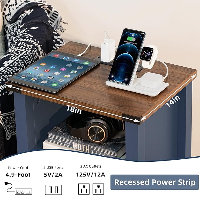 Night Stand Set of 2, 18 Inch Farmhouse Nightstand with with Charging Station and USB Port, Rustic Couch End Table with Magnetic Door, Wood Bed Side Tables for Bedroom, Home, Navy Blue