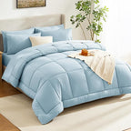 CozyLux Queen Comforter Set Light Blue, 7 Pieces Bed in a Bag, Blue Comforter Queen Size, All Season Bedding Sets with Stitch Quilted Comforter, Flat Sheet, Fitted Sheet, Pillowcases